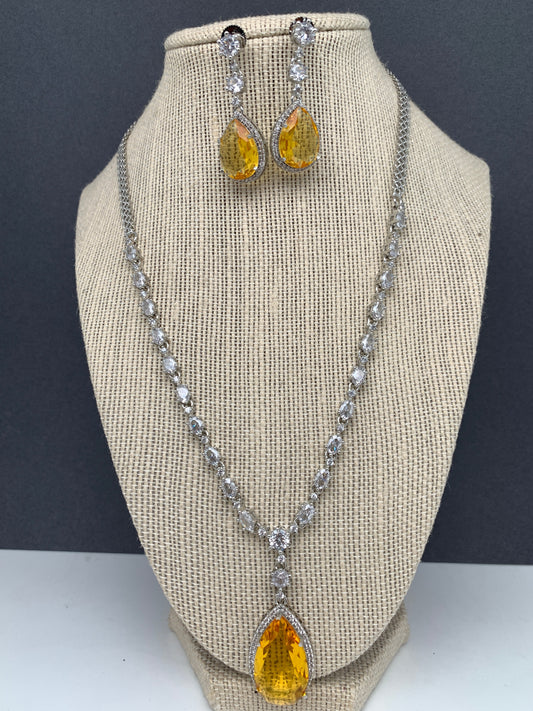 AD Yellow Doublet Stone Silver Finish Short Necklace