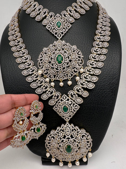 AD Diamond Finish Ganga Jamuna Polish Floral Green Stone Long Short Necklace Combo Set