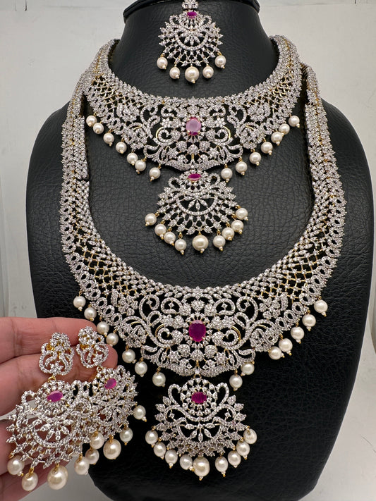 AD Diamond Finish Ganga Jamuna Polish Floral Red Stone Long Short Necklace Combo Set