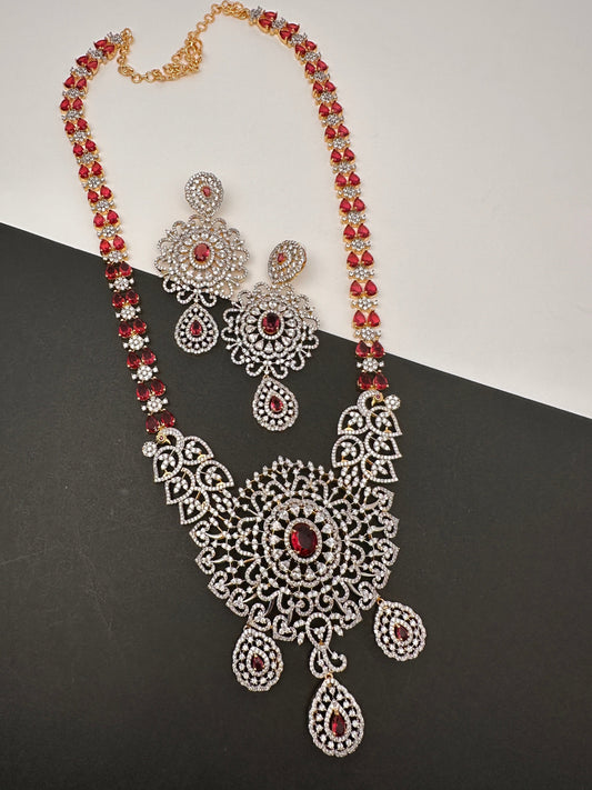 AD Color Stone Long Necklace - Red