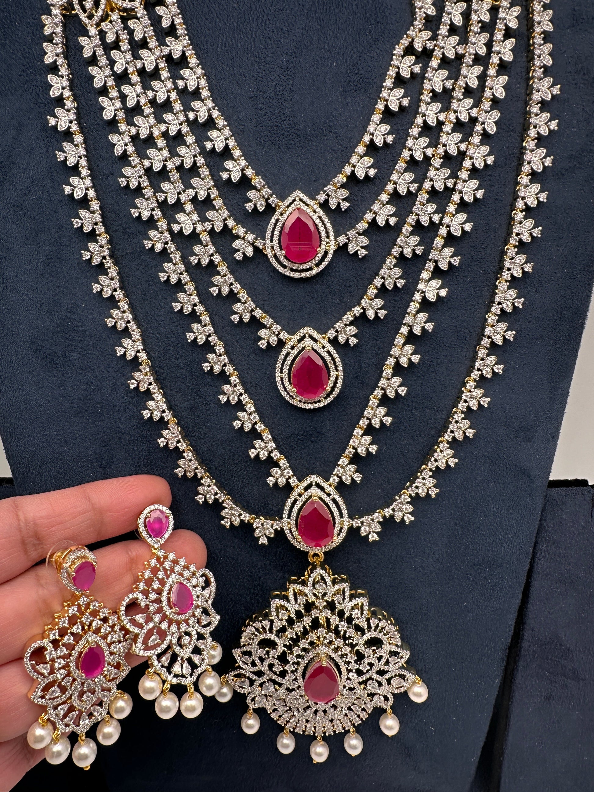 AD Multi Layer Detachable Pendent Color Stone Long Necklace - Red