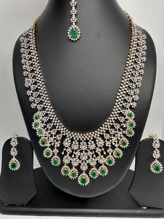 AD Diamond Finish Emerald Green Long Necklace