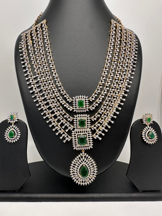 AD Diamond Finish Emerald Green Multi Layer Short Necklace