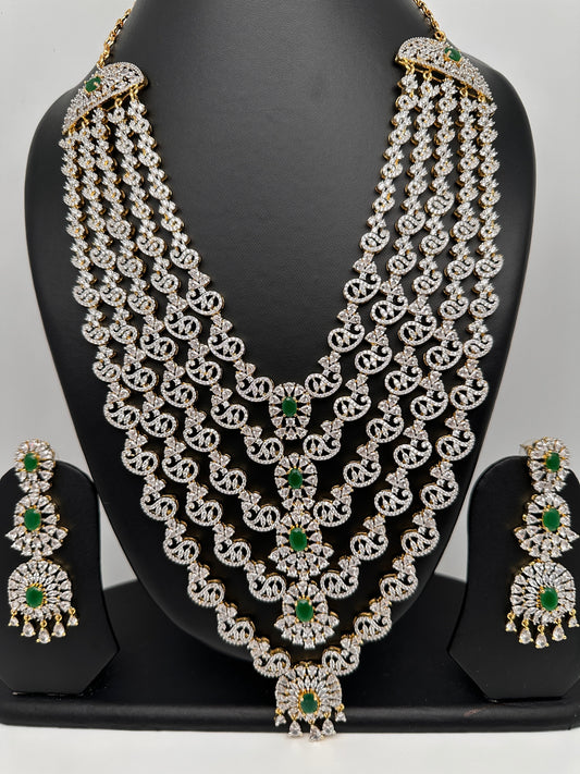 AD Diamond Finish Emerald Green Panch Lada Long  Necklace