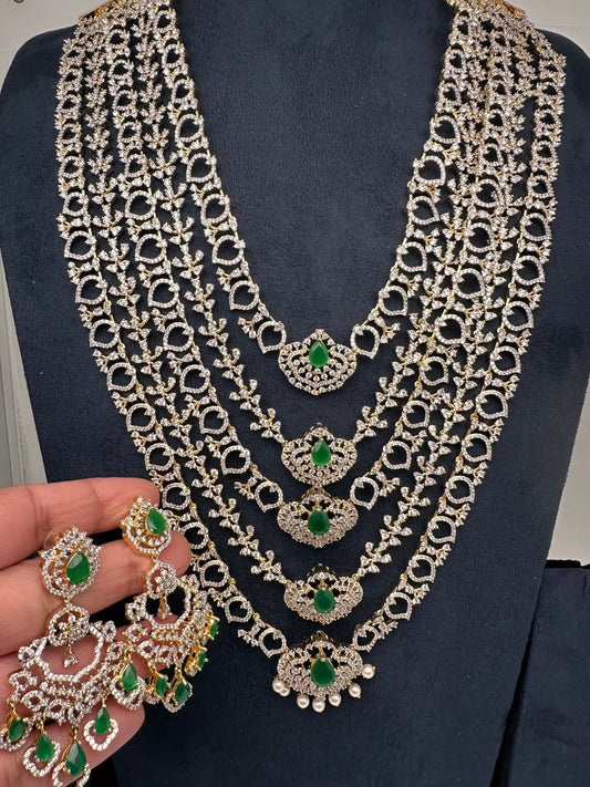 AD Diamond Finish Emerald Green Panch Lada Long  Necklace