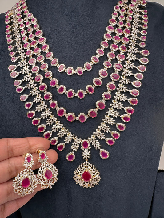 AD Diamond Finish Ruby Multi Layer Long  Necklace