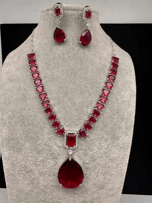 Wine Red Silver Short Necklace