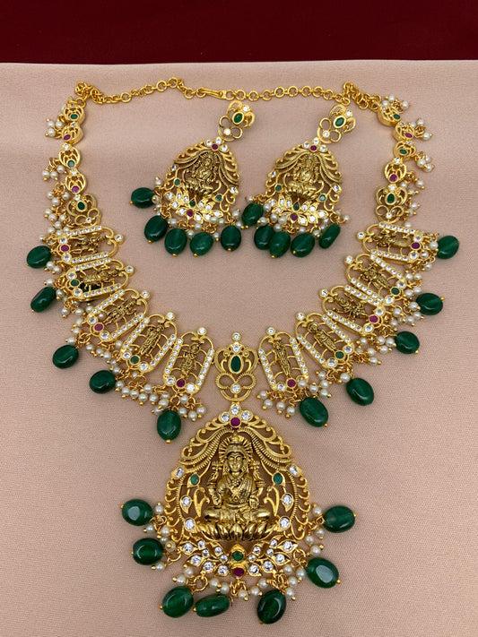 Lakshmi Pendent Dashavataram Necklace with Green Monalisa Stone