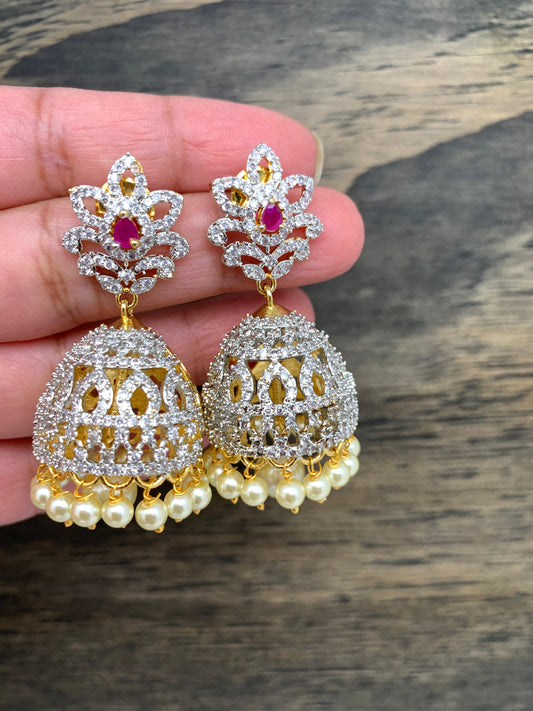 AD white and Red stone Jhumkas