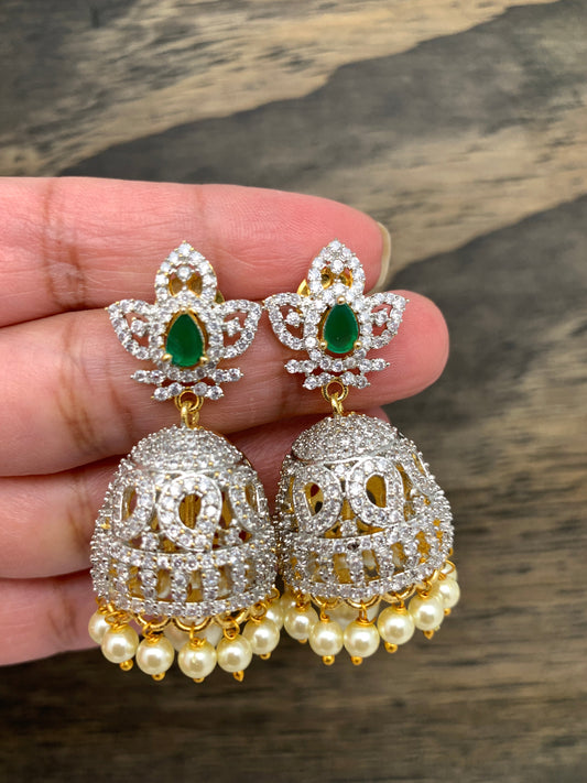 AD white and Green stone Jhumkas