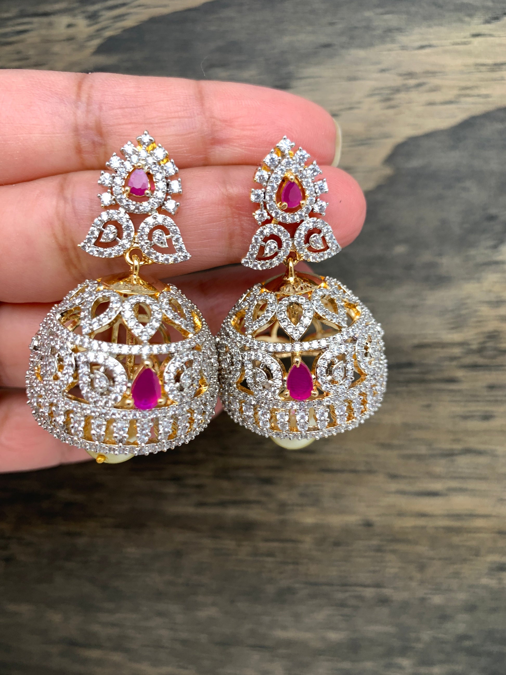 AD white and Red stone Jhumkas