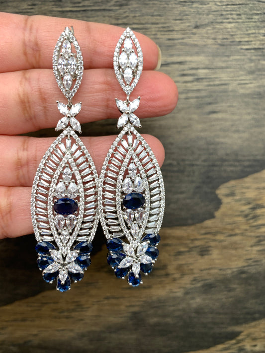 AD Blue Stone Long Earrings in Silver Polish