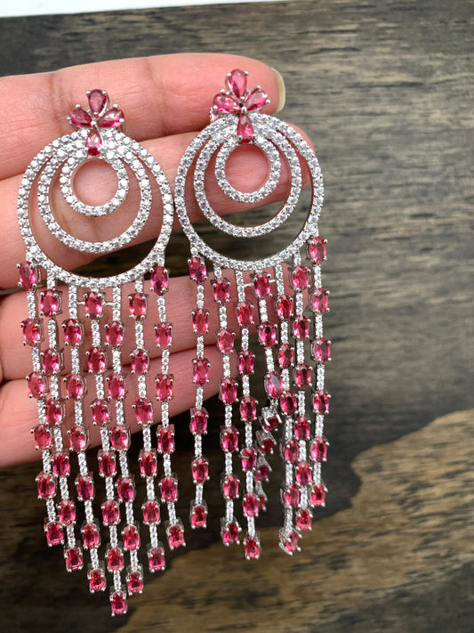 AD Wine Red Stone Long Earrings in Silver Polish