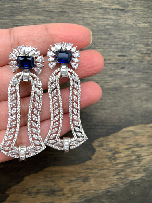 AD Blue Stone Bell Pattern Earrings in Silver Polish