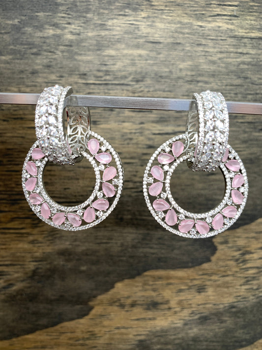 AD Pink Stone Bali Hoop Pattern Earrings in Silver Polish