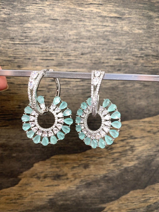 AD Sea Green Stone Bali Hoop Pattern Earrings in Silver Polish