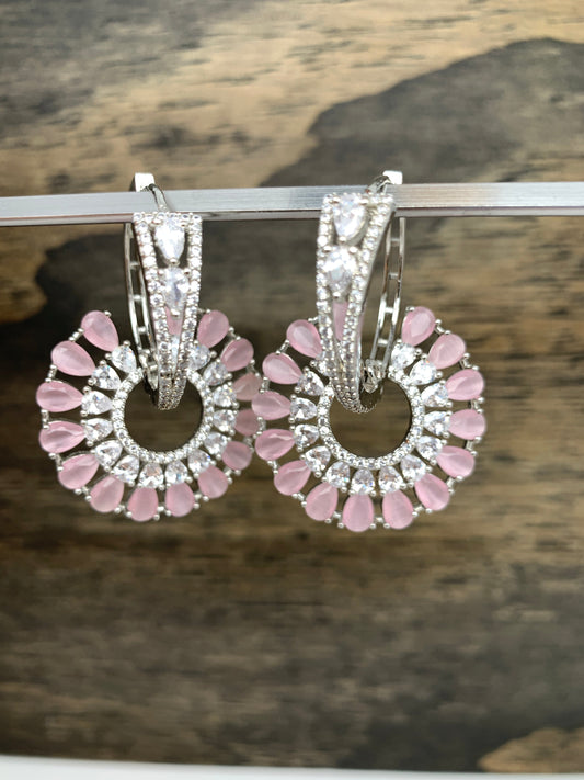 AD Pink Stone Bali Hoop Pattern Earrings in Silver Polish