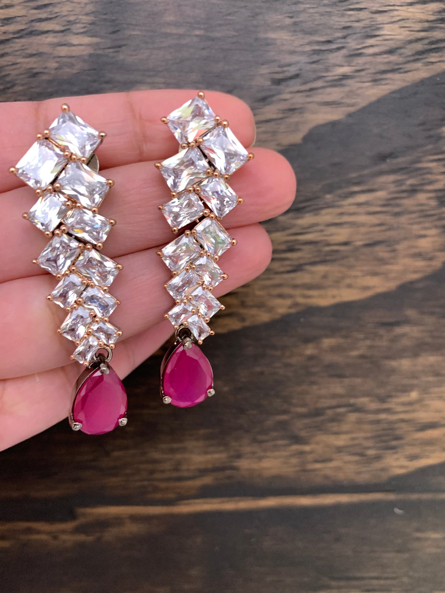 AD Earrings with Pink Stone Dual Polish in  Victorian and Silver