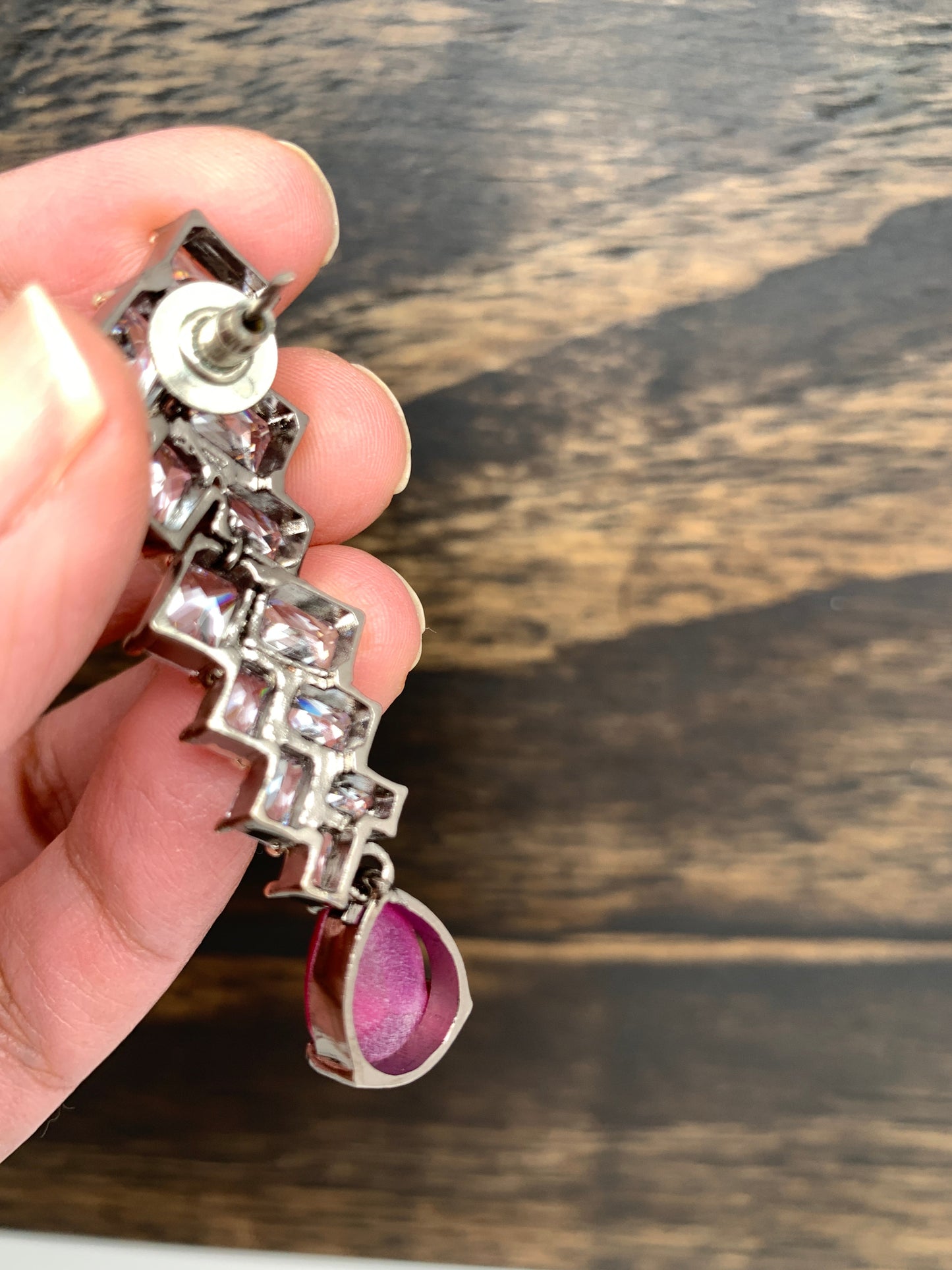 AD Earrings with Pink Stone Dual Polish in  Victorian and Silver