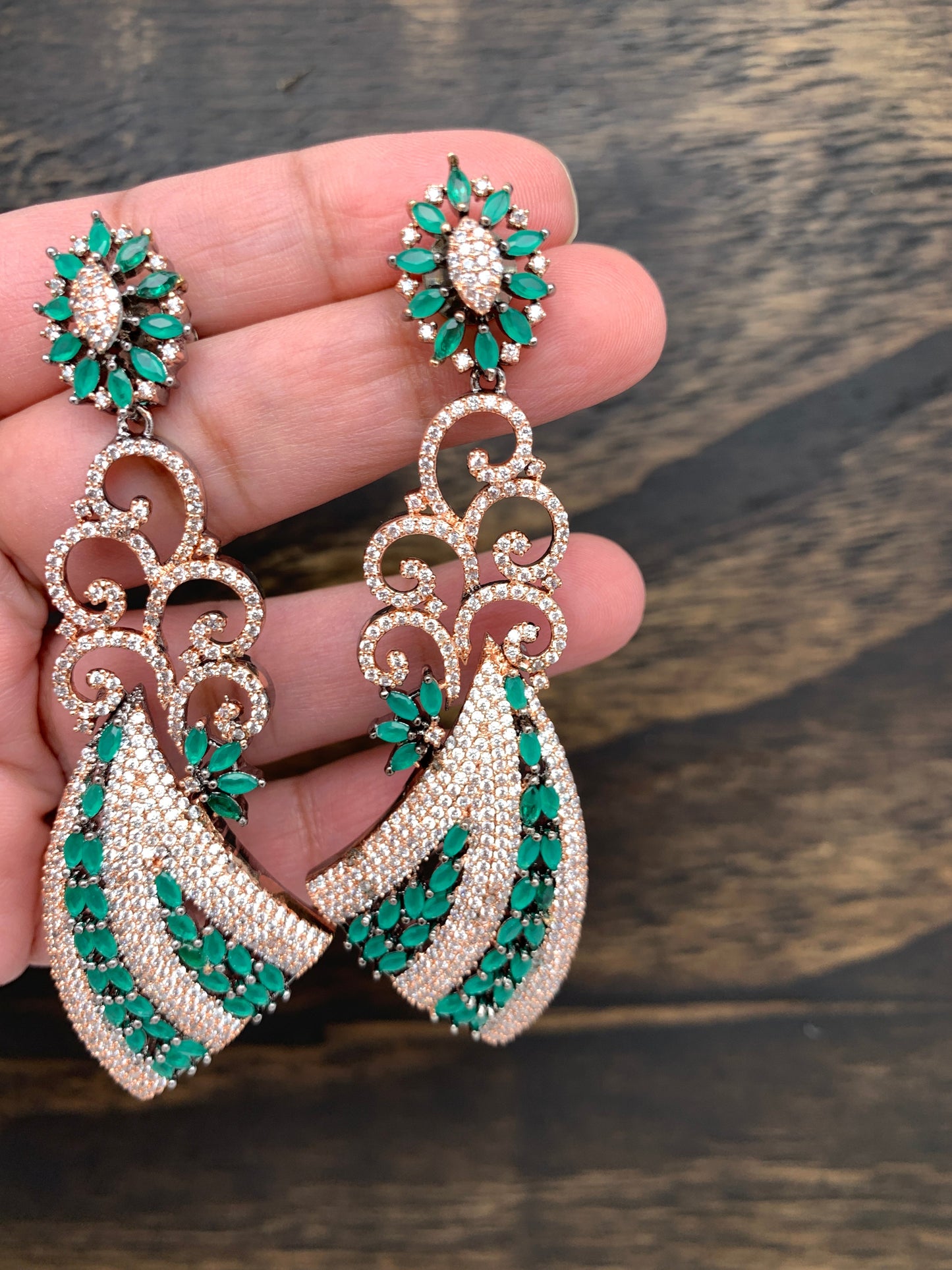 AD and Green Stone Long Earrings in Victorian Polish