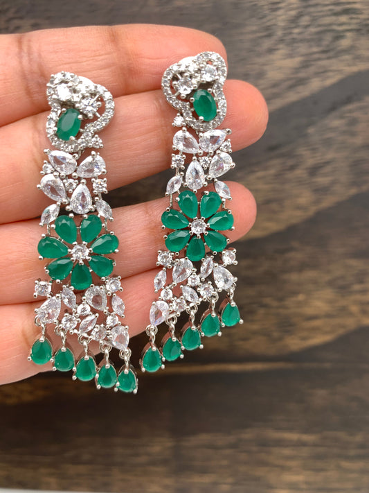 AD and Green Stone Earrings in Silver Polish