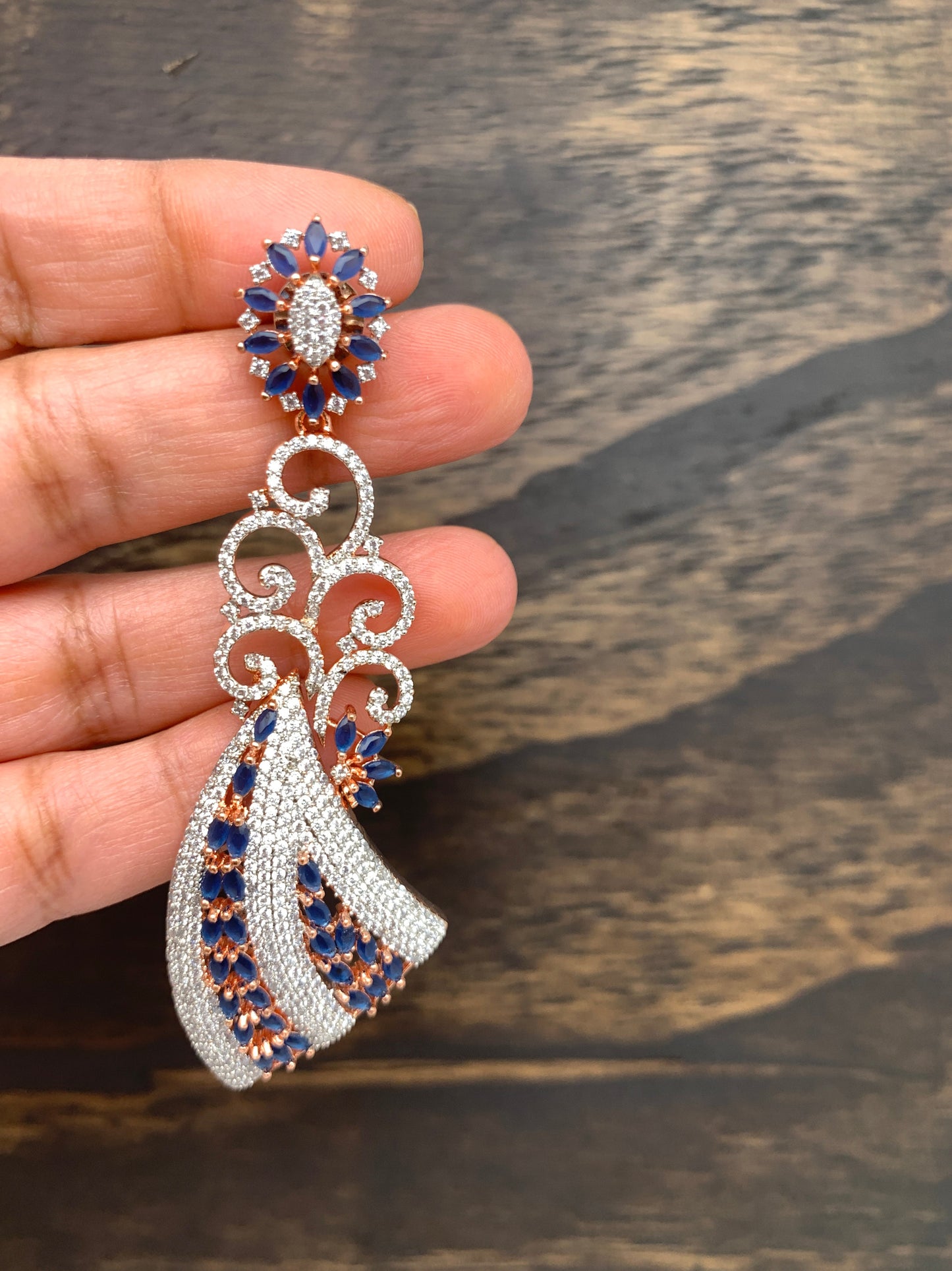 AD and Blue Stone Long Earrings in Rose Gold Polish