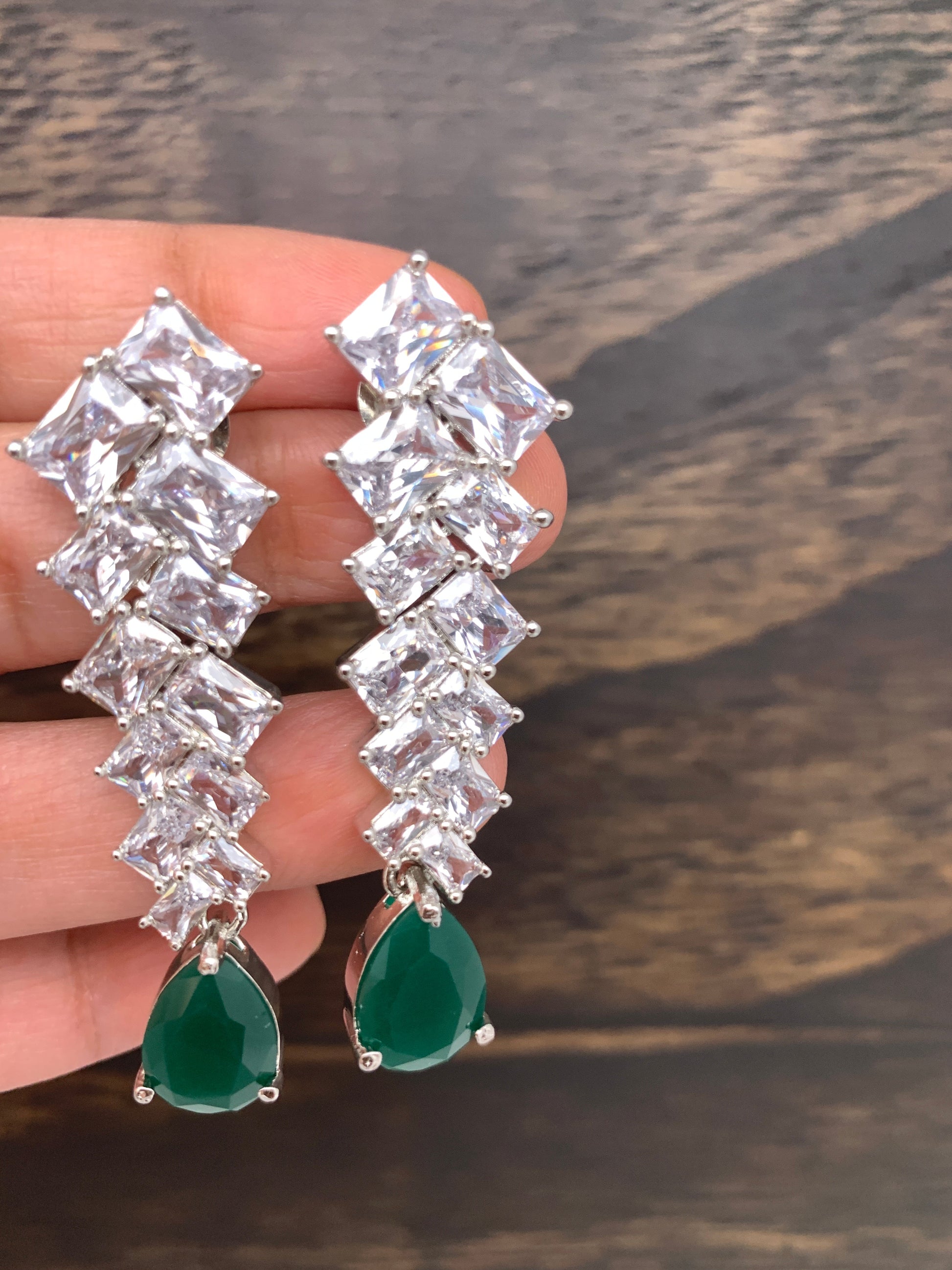 AD Earrings with Green Stone in Silver Polish