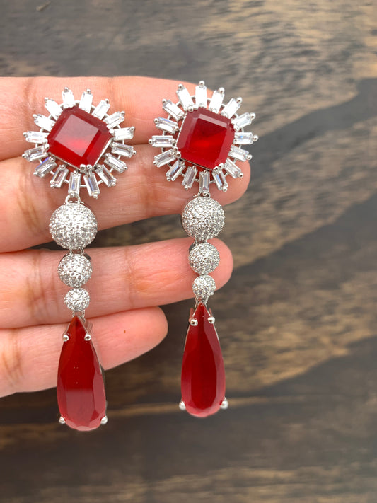 AD Earrings with Red Stone in Silver Polish