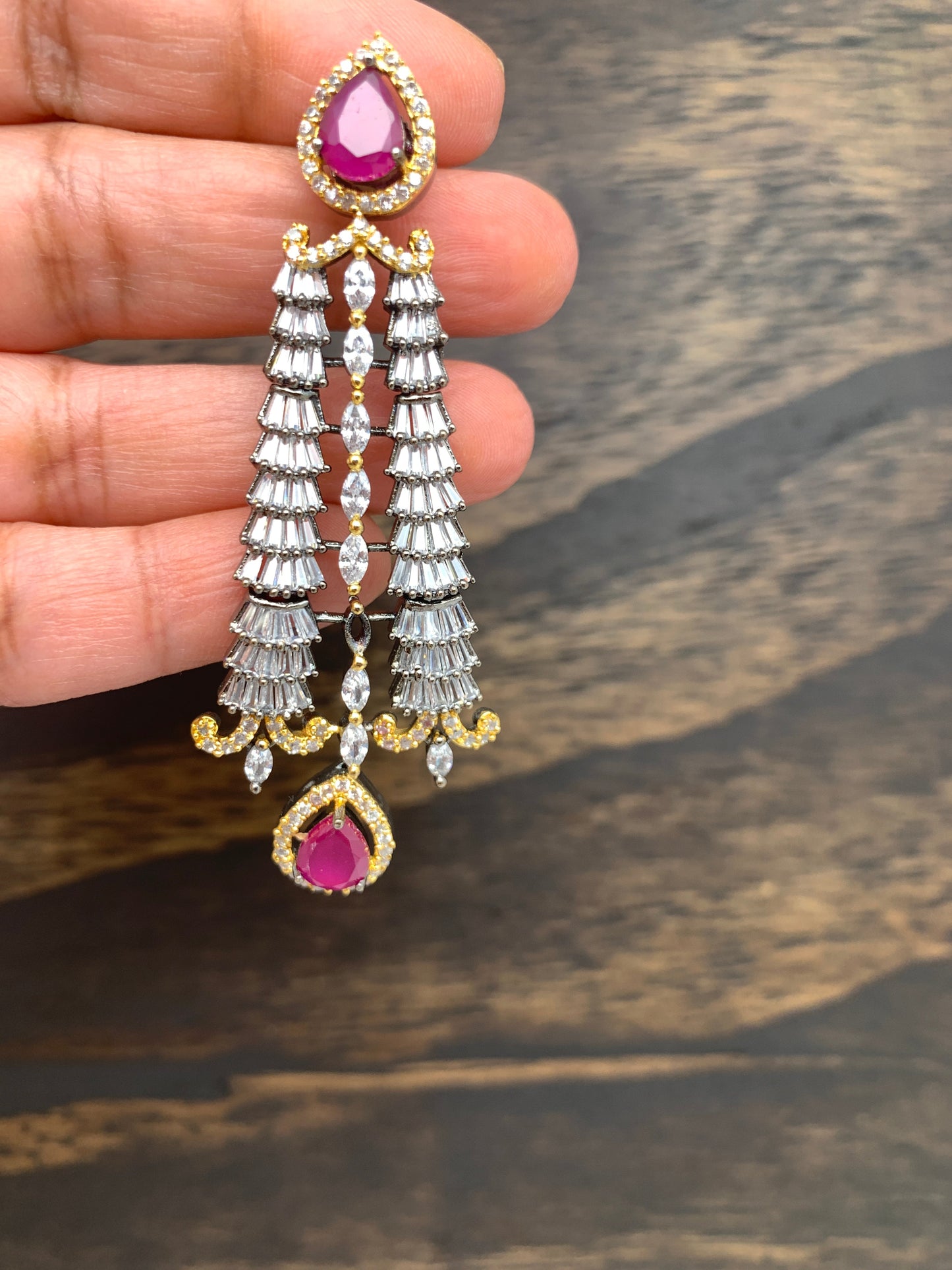 AD Earrings with Pink Stone in Victorian Polish