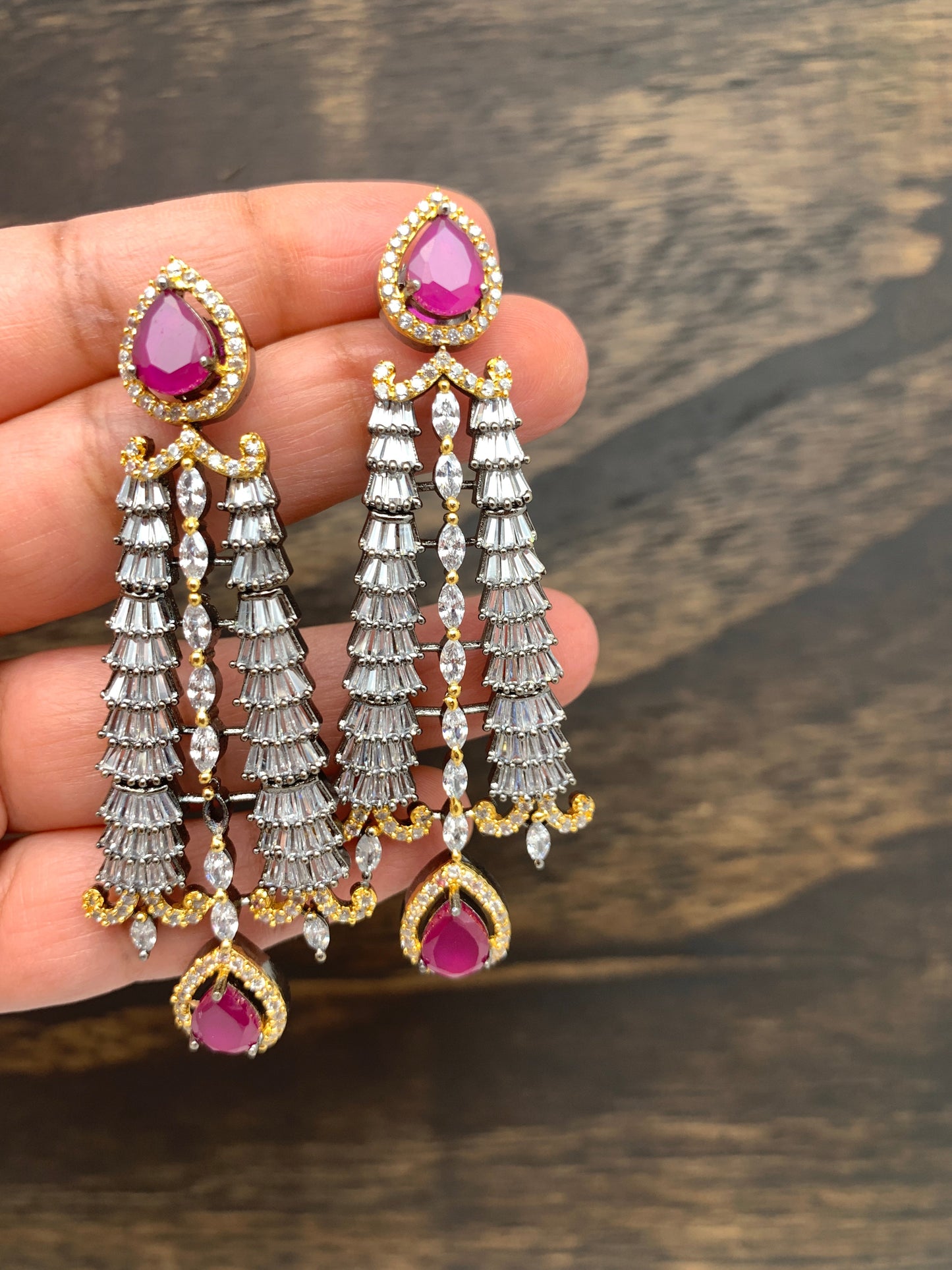 AD Earrings with Pink Stone in Victorian Polish