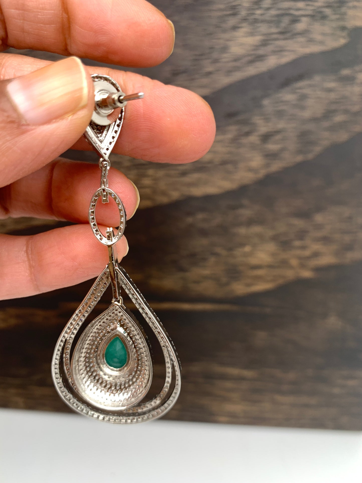 AD Earrings with Green Stone Silver Polish