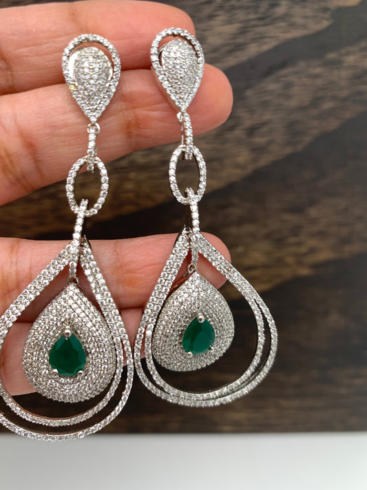 AD Earrings with Green Stone Silver Polish