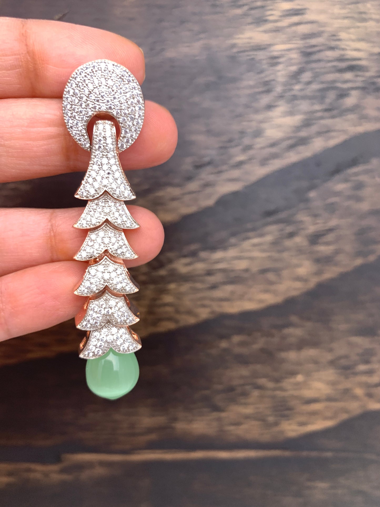 AD Earrings with Mint Green Drop and Rose Gold Polish