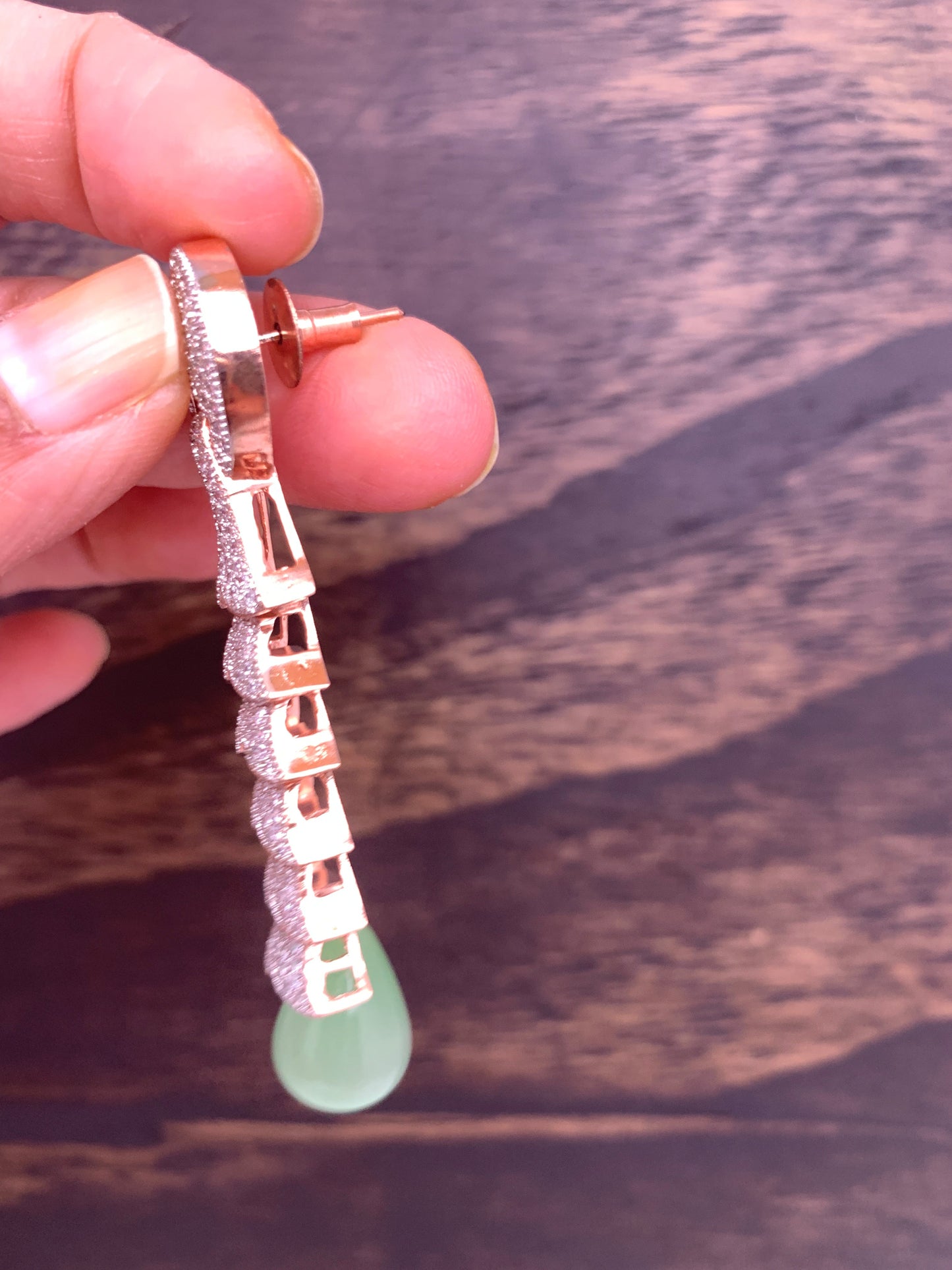 AD Earrings with Mint Green Drop and Rose Gold Polish