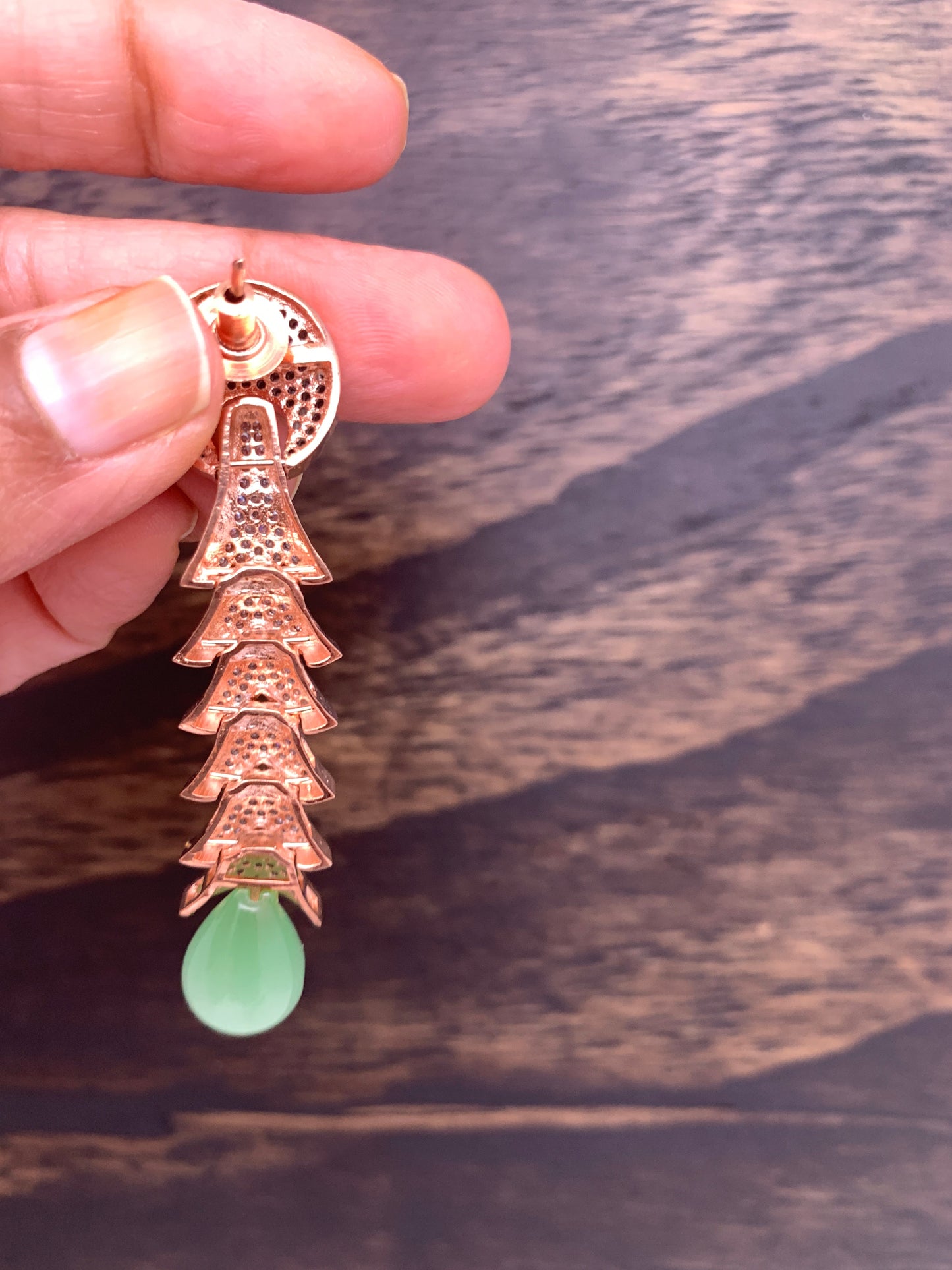 AD Earrings with Mint Green Drop and Rose Gold Polish