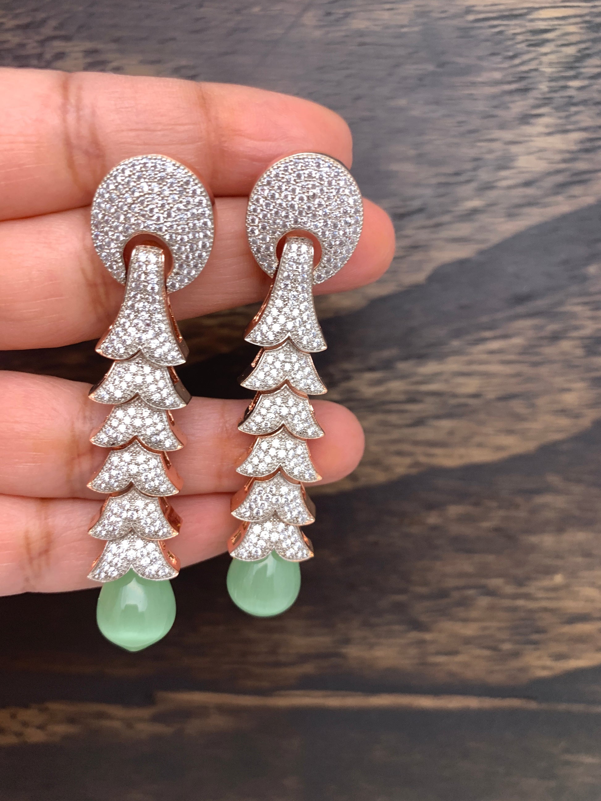 AD Earrings with Mint Green Drop and Rose Gold Polish