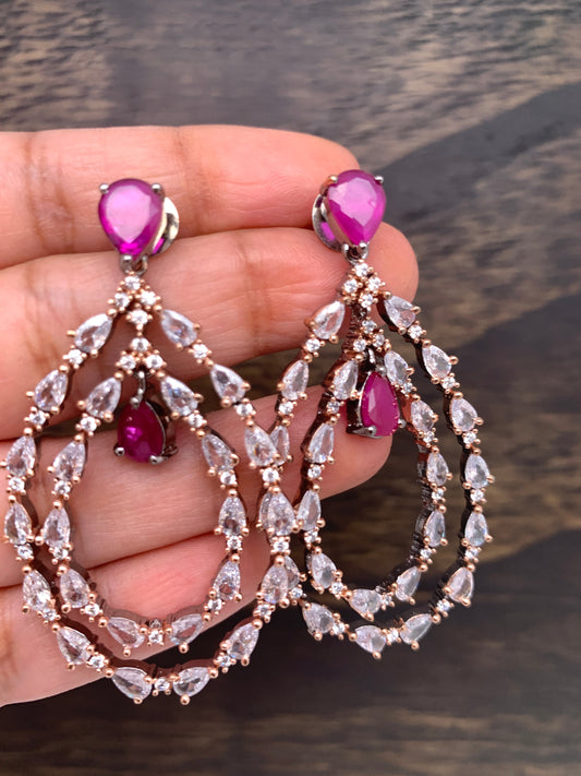 AD Earrings with Pink Stone and Dual Tone Polish