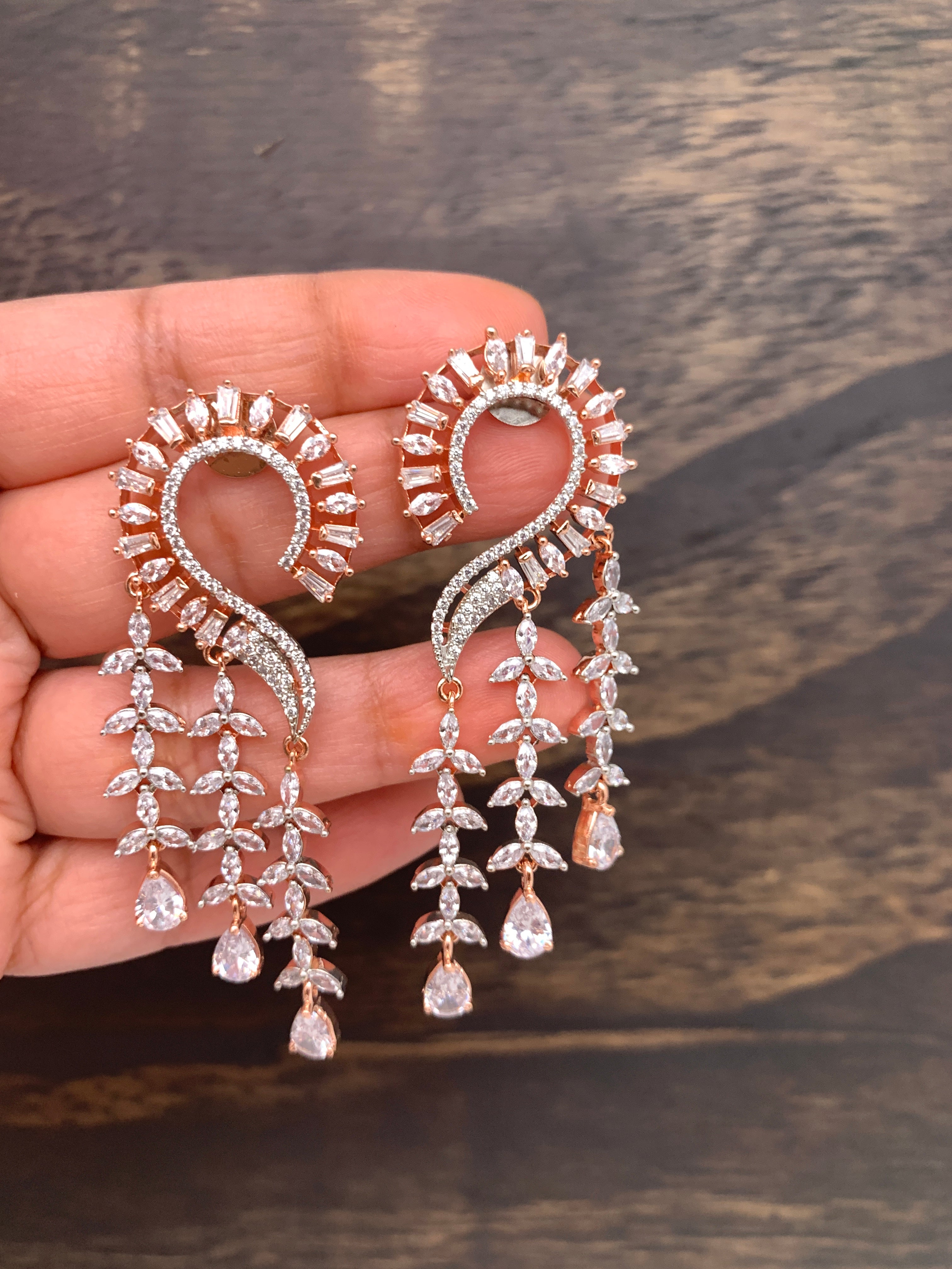 Statement Rose Gold Chandbali Style Premium Quality American Diamond  Earrings | Indian Jewelry | AD Earrings | Long Earrings | Light Weight –  Kaash