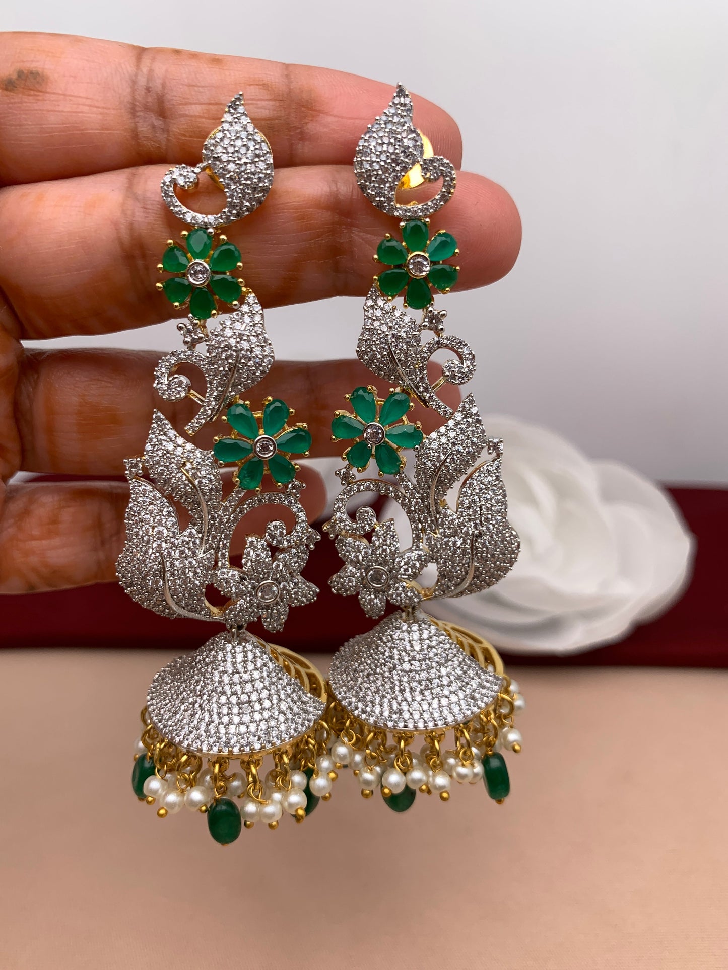 AD Green Stone Floral Jhumki Earrings