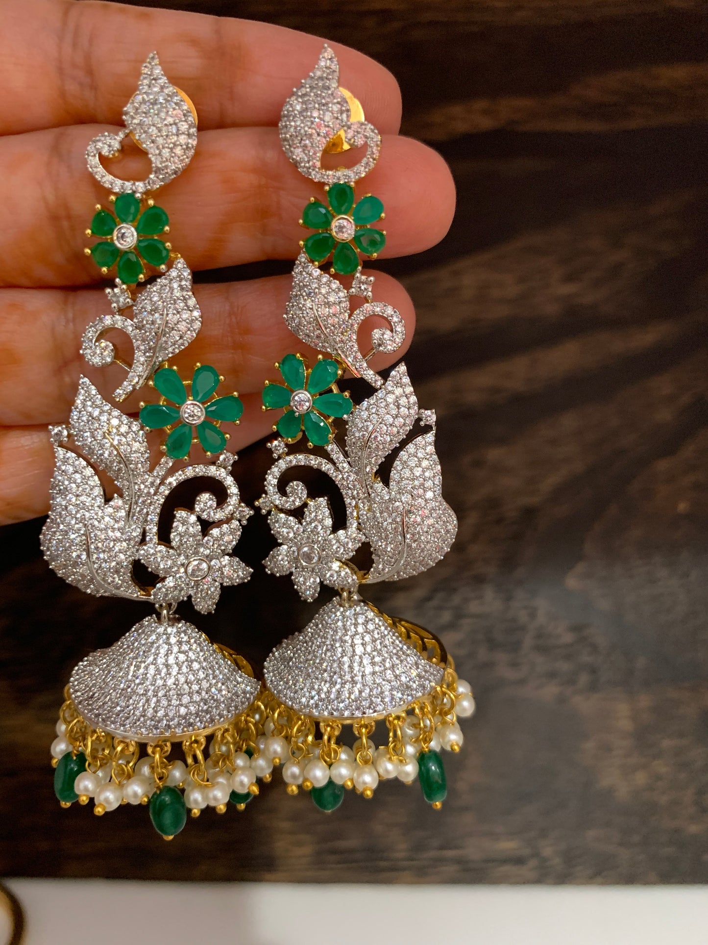 AD Green Stone Floral Jhumki Earrings