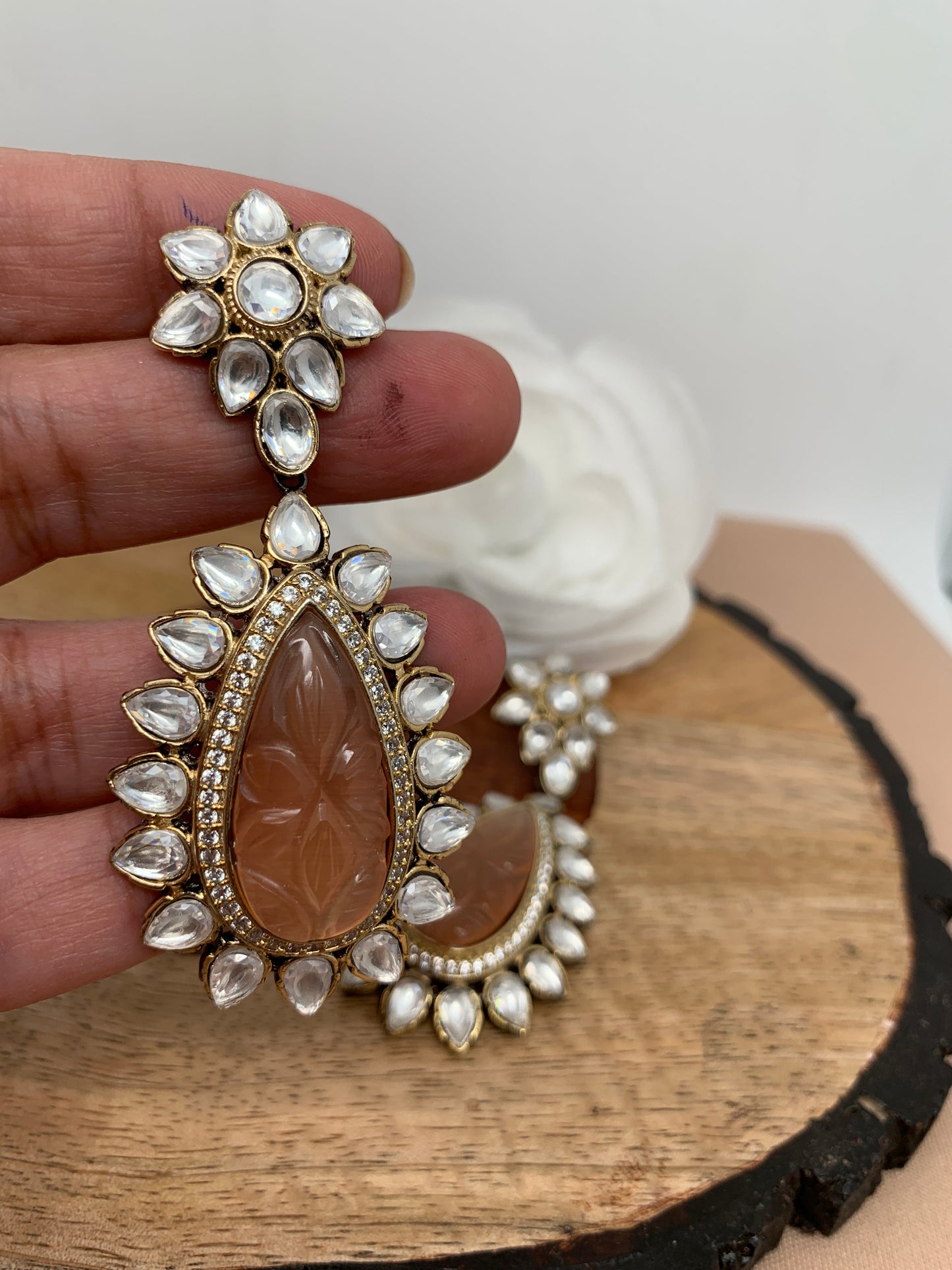 Peach Carved Stone Kundan Earrings