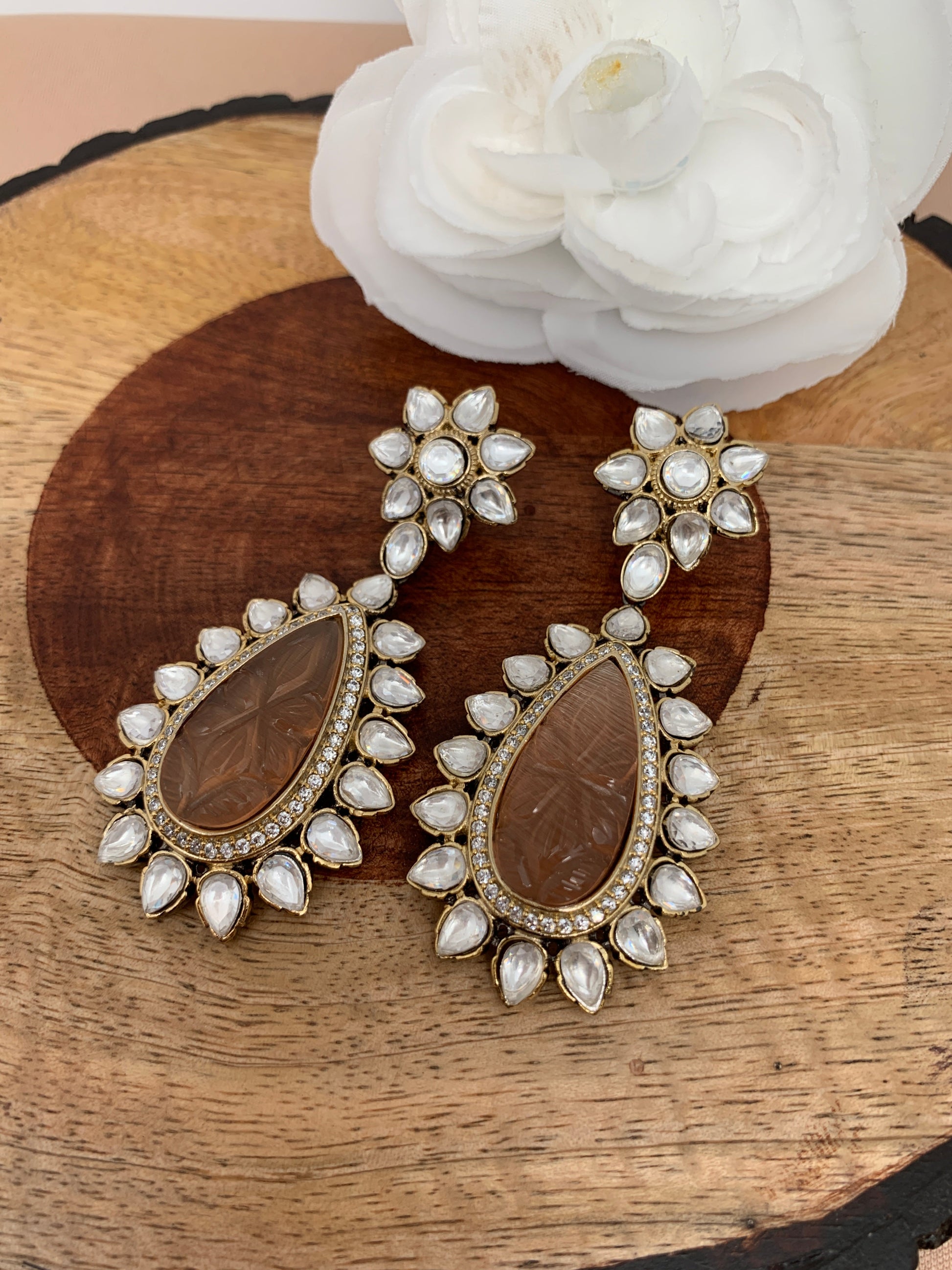 Peach Carved Stone Kundan Earrings