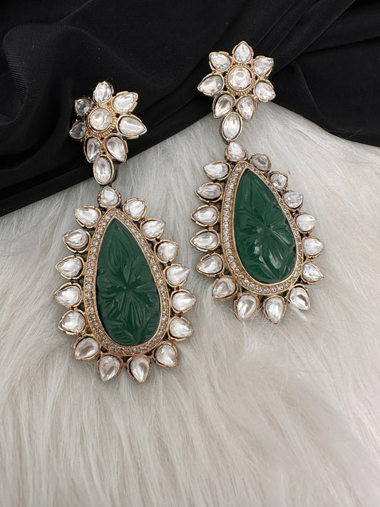 Green Carved Stone Kundan Earrings