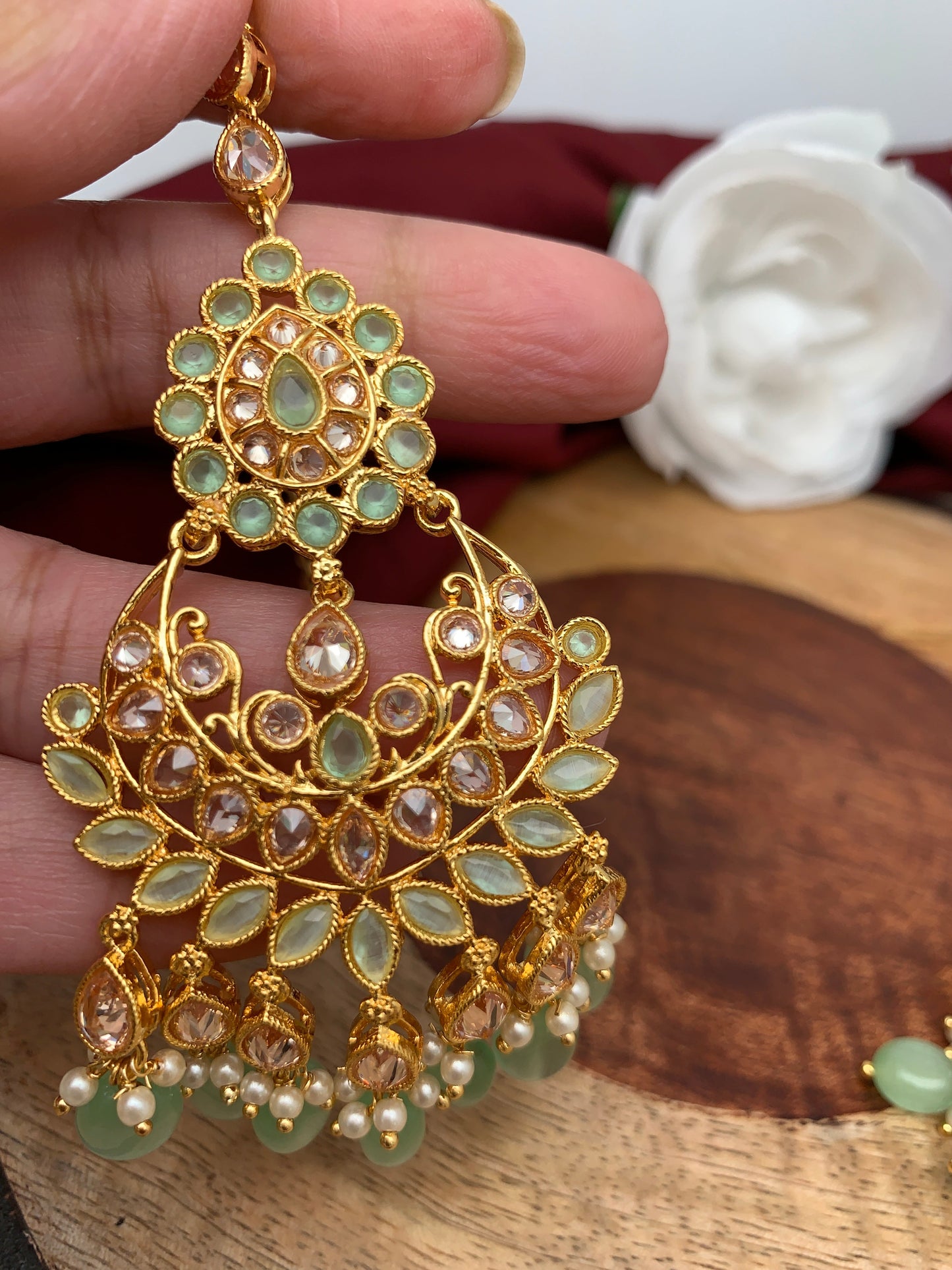 Green Stone Polki Chandbali Earrings with Maang Teeka