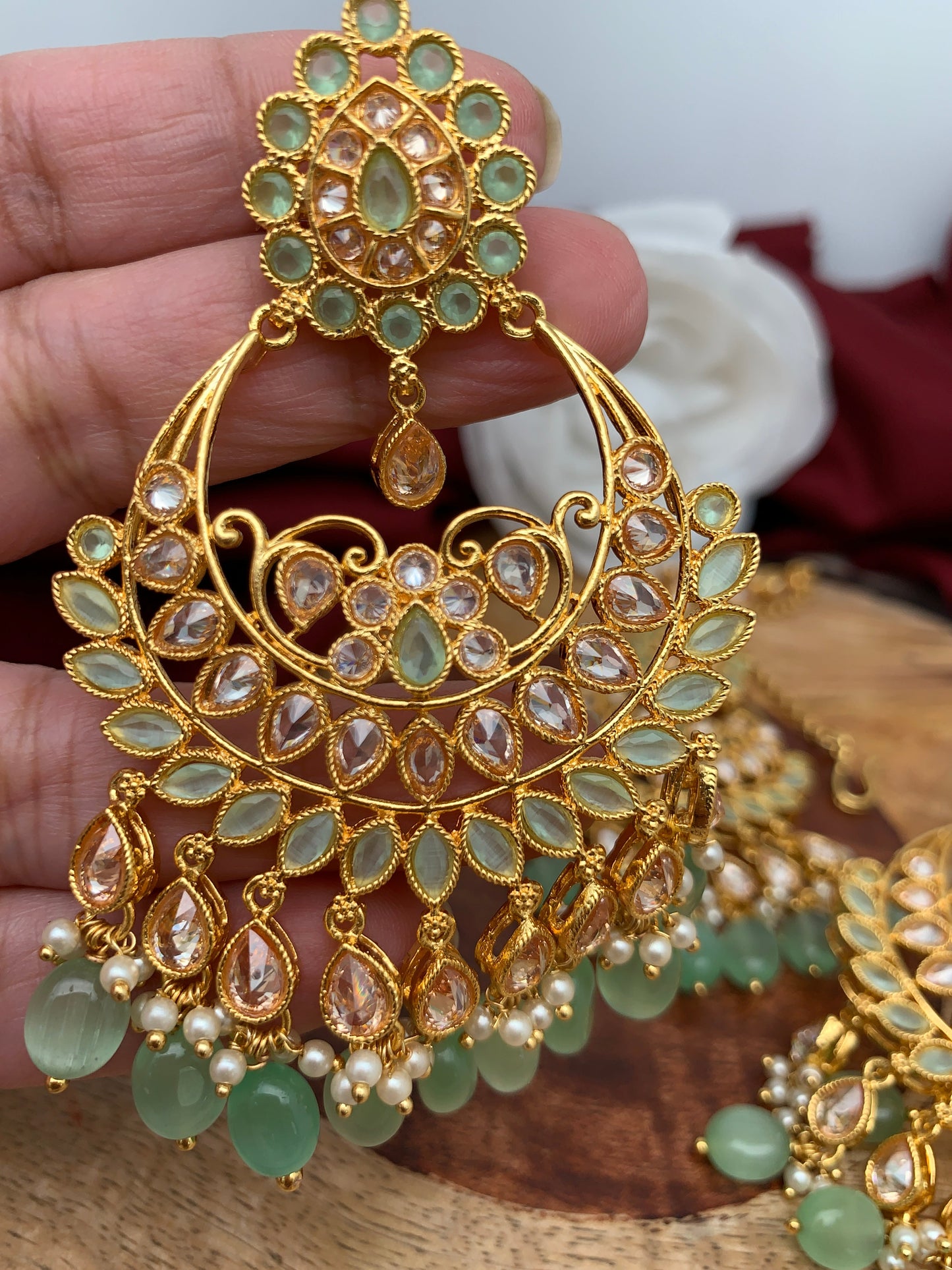 Green Stone Polki Chandbali Earrings with Maang Teeka