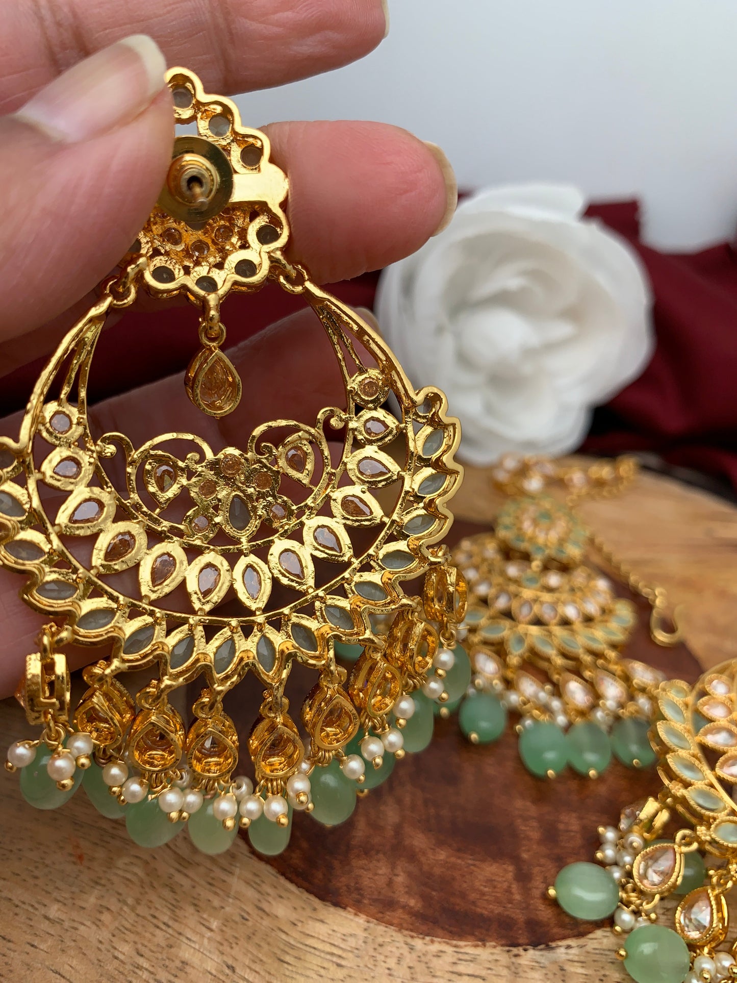 Green Stone Polki Chandbali Earrings with Maang Teeka