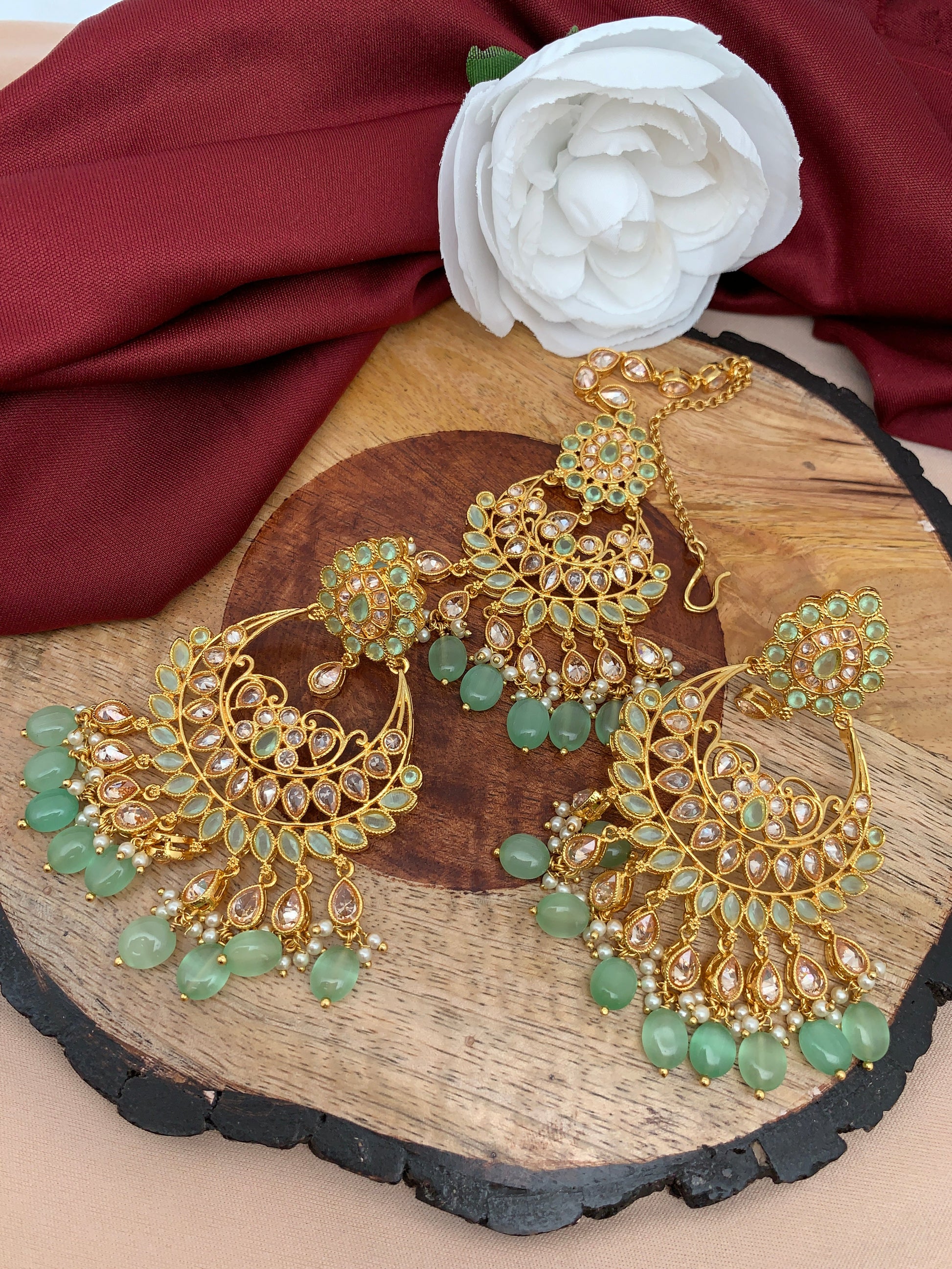 Green Stone Polki Chandbali Earrings with Maang Teeka