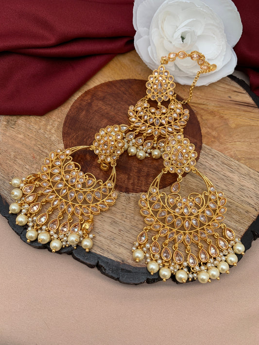 Pearls Polki Chandbali Earrings with Maang Teeka