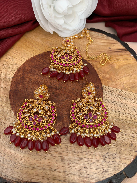 Red Stone Polki Red Beads Earrings with Maang Teeka