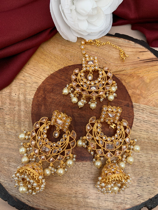 Clear Stone Polki Pearls Chandbali Jhumki with Maang Teeka